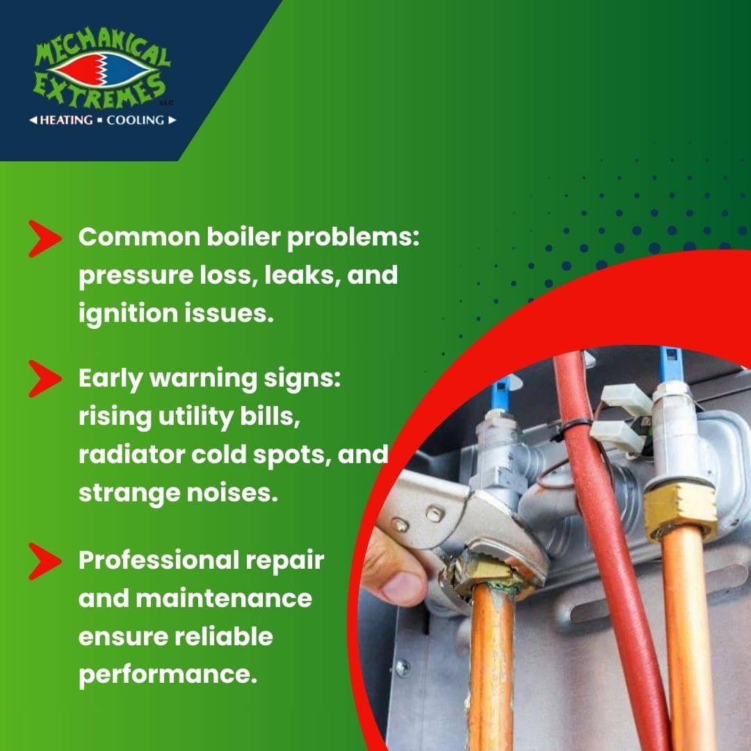 Common boiler problems including pressure loss, leaks, and ignition issues with HVAC service inspection.