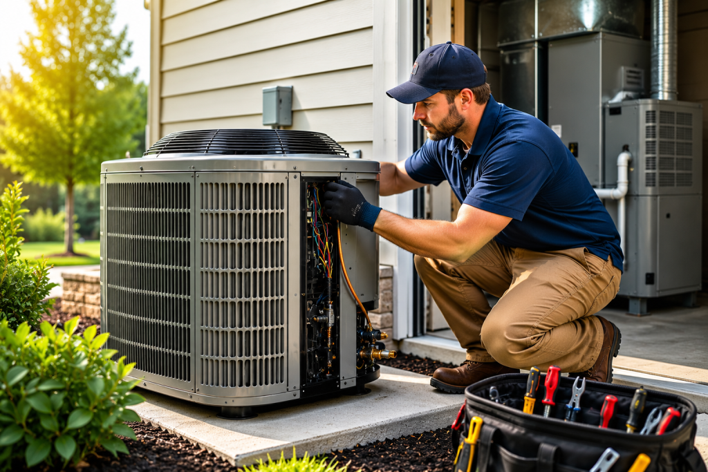 HVAC contractor installing and inspecting a high-efficiency residential HVAC system to support ENERGY STAR certified heating and cooling performance
