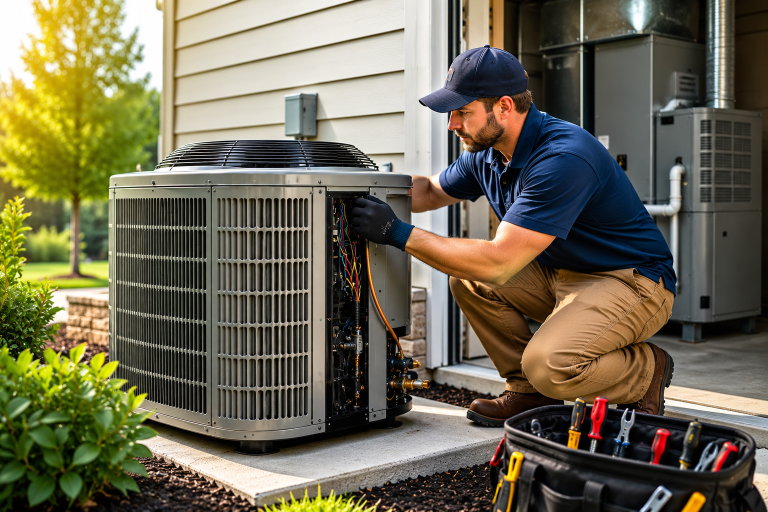 HVAC contractor installing and inspecting a high-efficiency residential HVAC system to support ENERGY STAR certified heating and cooling performance