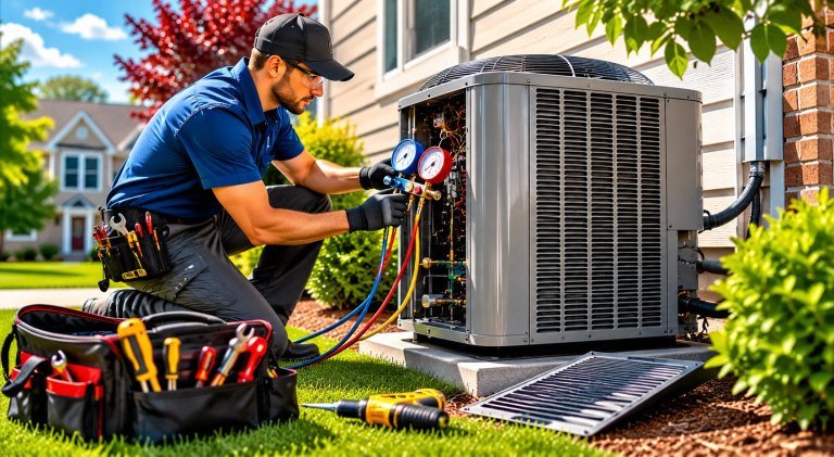 HVAC technician performing preventive air conditioning repair and maintenance on a residential outdoor AC unit before peak summer heat