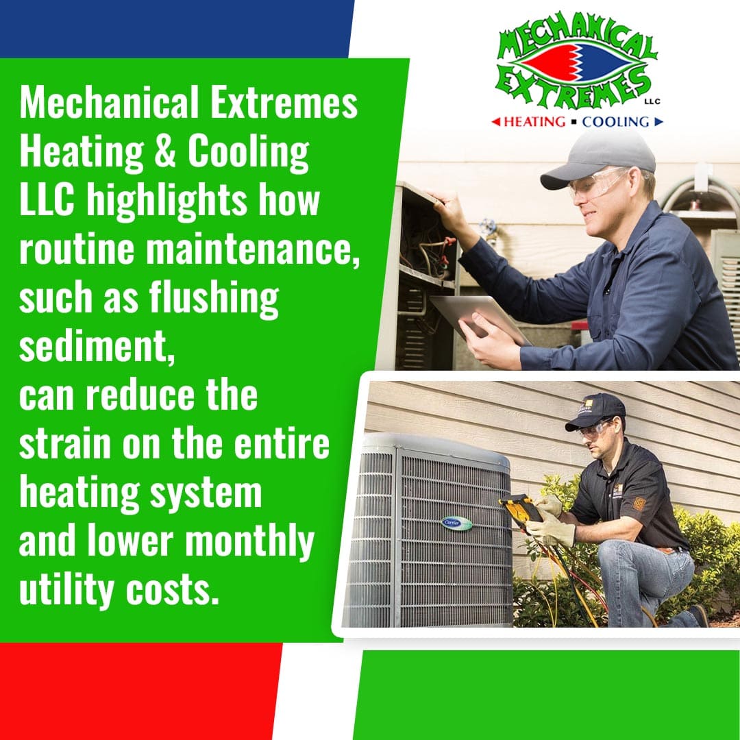 HVAC technician using a tablet to perform routine maintenance and flush sediment from a heating system.