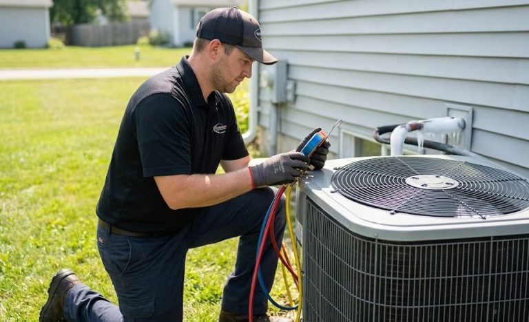 A professional HVAC technician in uniform kneeling beside a residential air conditioning unit, using pressure gauges to diagnose a cooling system issue.